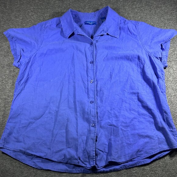 Karen Scott Tops - VTG Karen Scott Womens Button Up Blue Short Sleeve Linen Cotton Shirt Size XL
